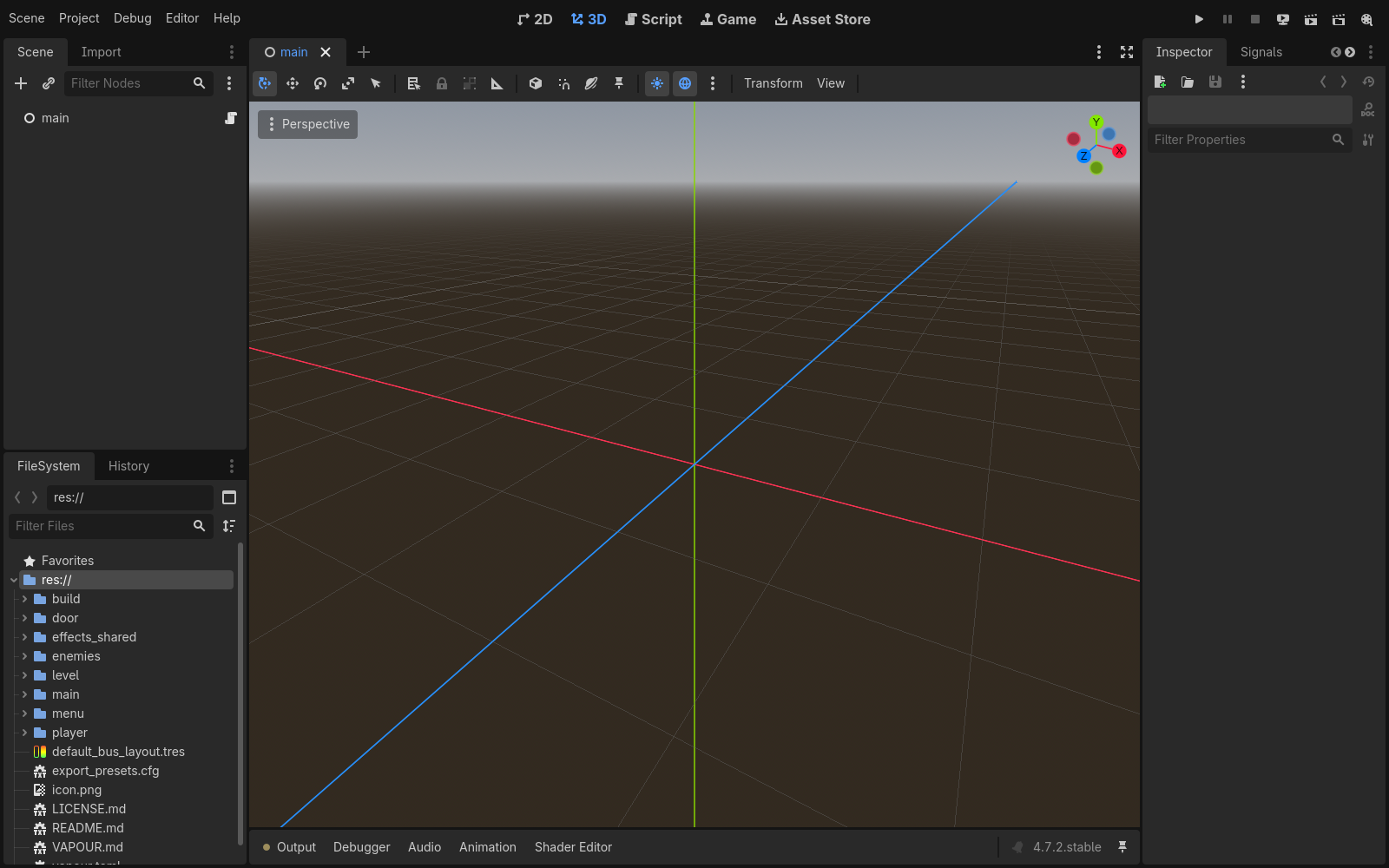 The Godot 4.7 editor with the TPS demo project open: the scene tree, the 3D view and the file list showing export_presets.cfg, VAPOUR.md and vapour.toml