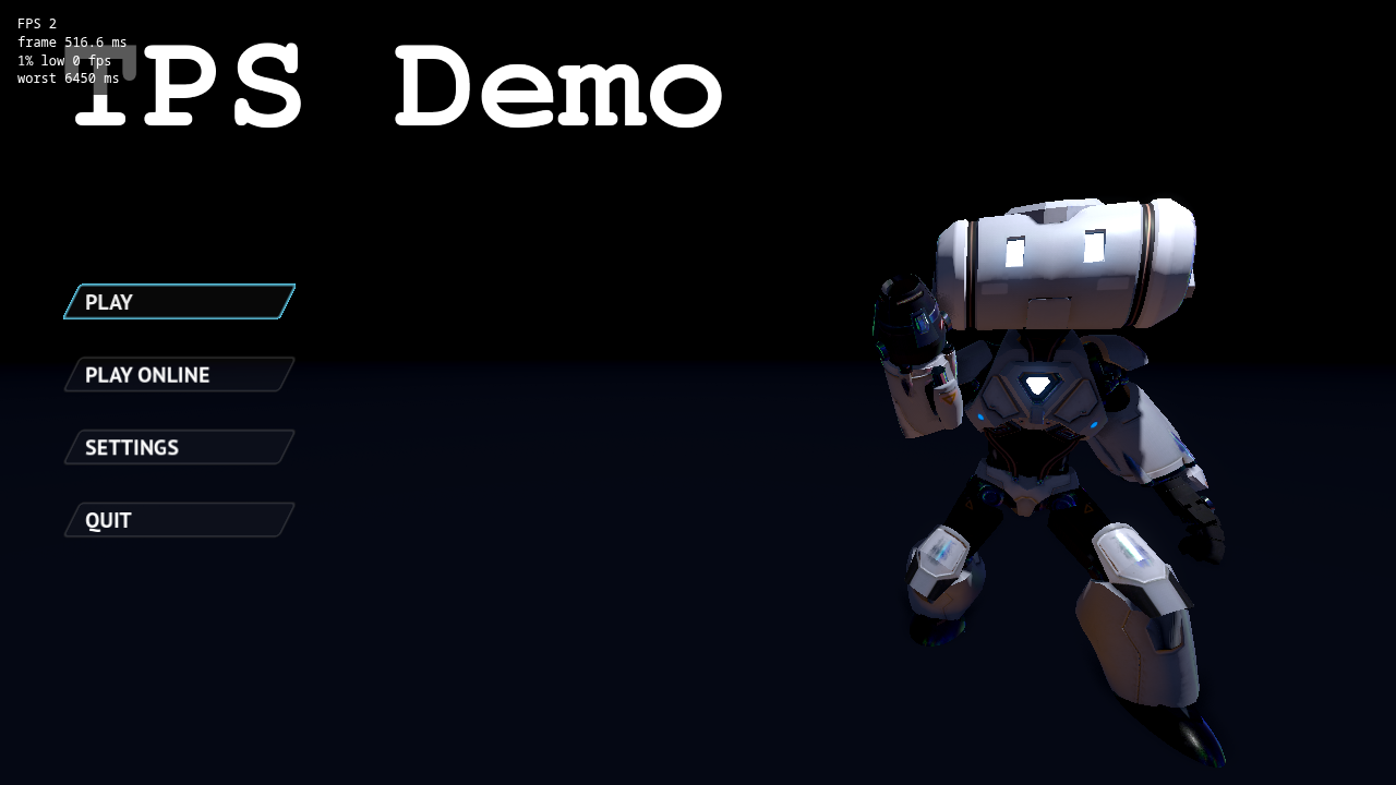 The Godot TPS demo main menu running in a browser, with the Vapour FPS overlay in the top-left corner